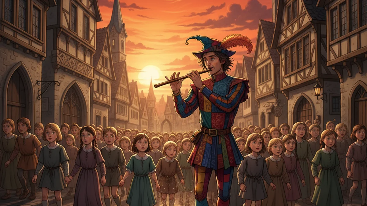 Illustration for The Pied Piper of Hamelin - a famous fairy tales European Folklore story with moral lessons