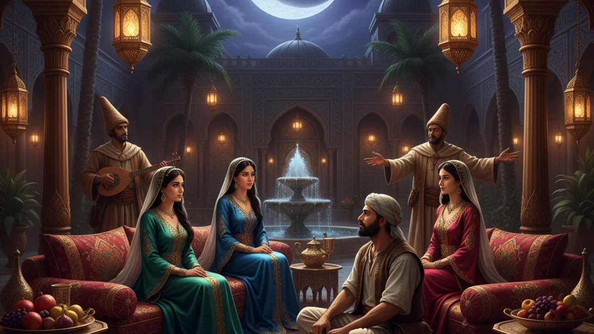 Illustration for The Porter and the Three Ladies - a scheherazade's stories Arabian Nights story with moral lessons