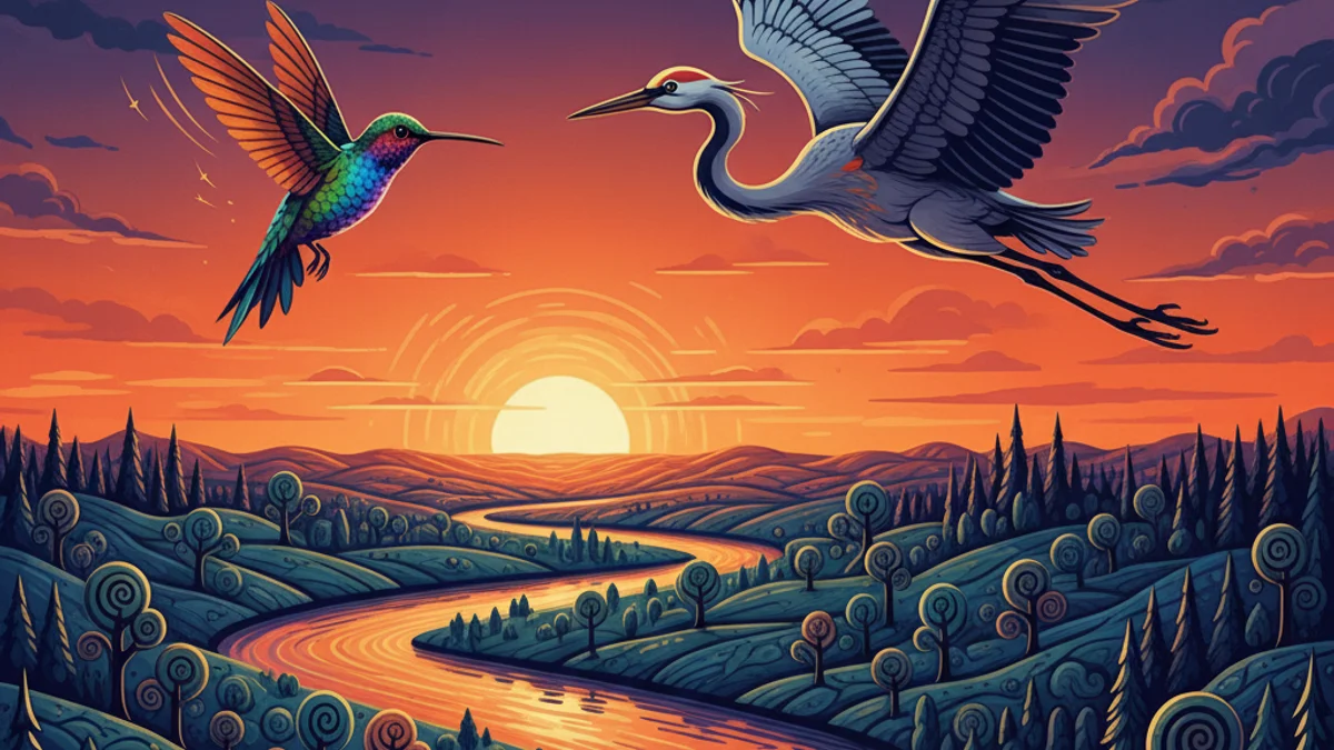 Illustration for The Race Between Crane and Hummingbird - a animal myths Native American Legends story with moral lessons