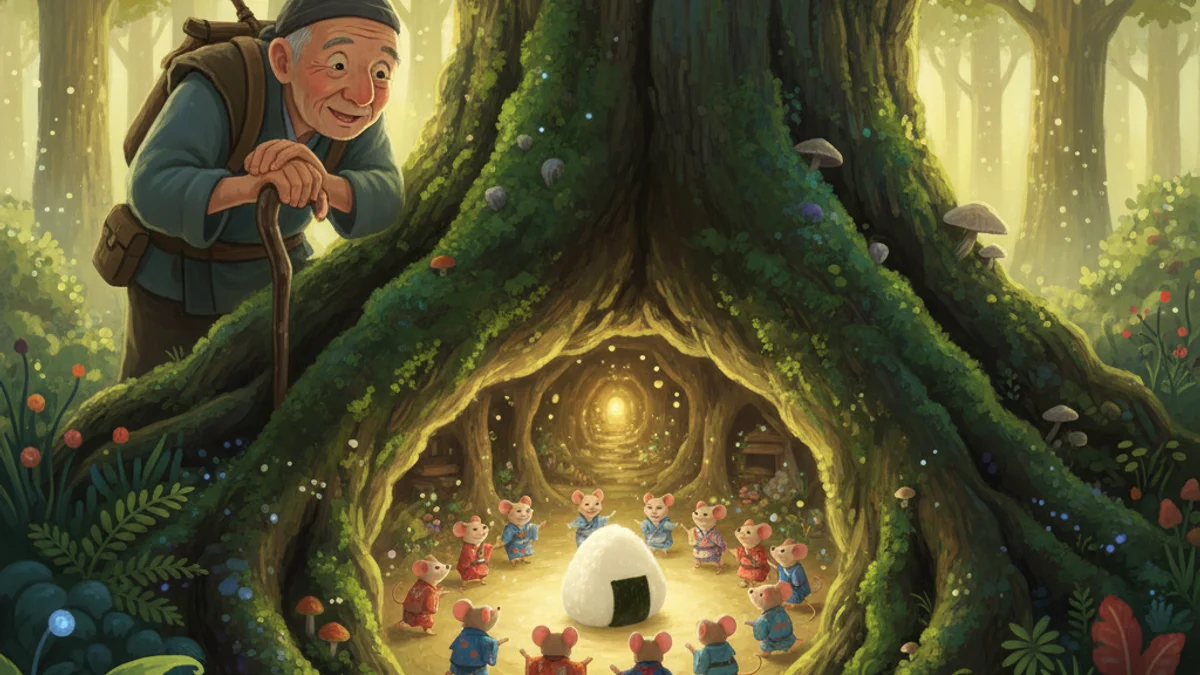 Illustration for The Rolling Rice Balls - a classic folktales Japanese Folklore story with moral lessons