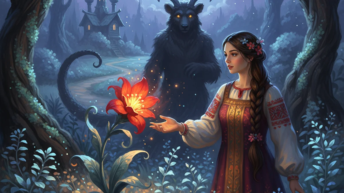 Illustration for The Scarlet Flower - a slavic legends European Folklore story with moral lessons