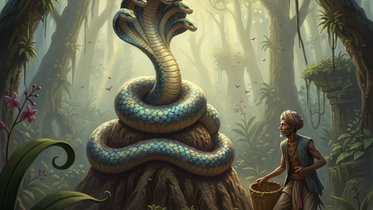 Illustration for The Serpent Prince - a tales of compassion and wisdom Buddhist Jataka Tales story with moral lessons