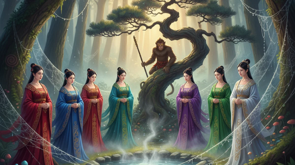 Illustration for The Spider Demons - a journey to the west Chinese Legends story with moral lessons