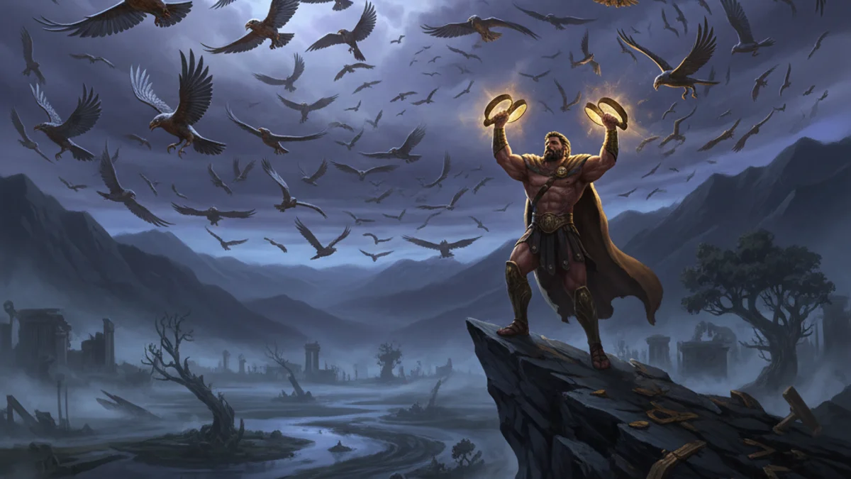 Illustration for The Stymphalian Birds - a mythical creatures Greek Myths story with moral lessons