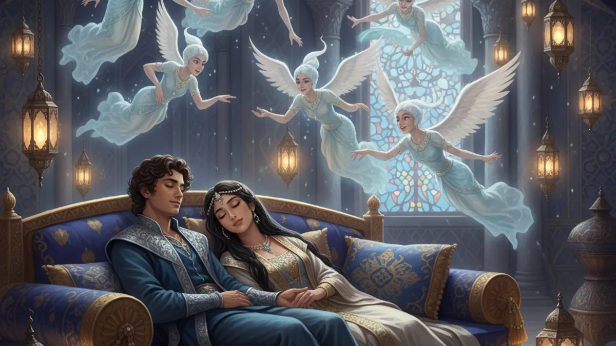 Illustration for The Tale of Kamar al-Zaman - a scheherazade's stories Arabian Nights story with moral lessons