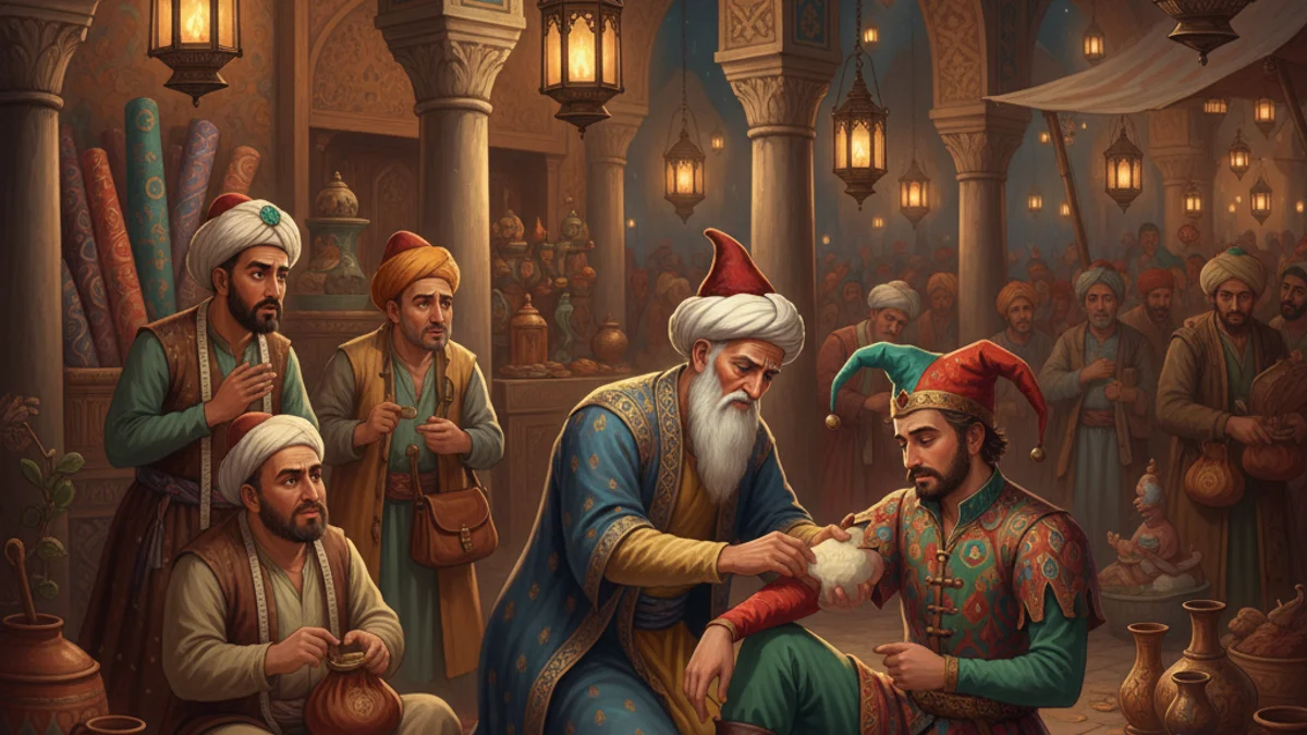 Illustration for The Tale of the Hunchback - a scheherazade's stories Arabian Nights story with moral lessons