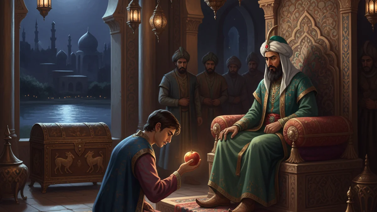Illustration for The Tale of the Three Apples - a scheherazade's stories Arabian Nights story with moral lessons