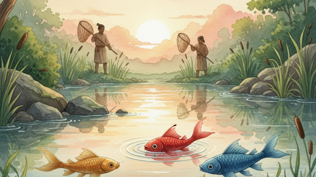 The Three Fish - Tales of Wisdom and Strategy story illustration from Panchatantra
