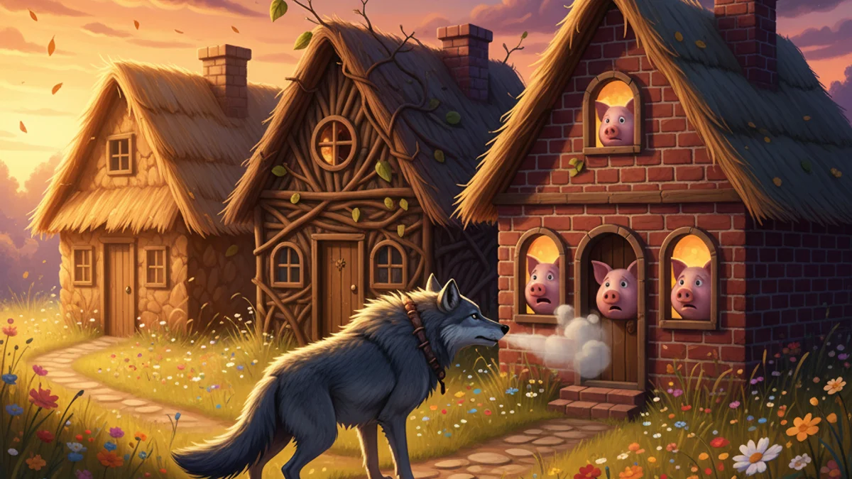 Illustration for The Three Little Pigs - a famous fairy tales European Folklore story with moral lessons