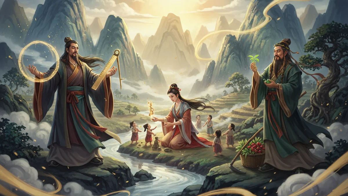 Illustration for The Three Sovereigns - a creation myths Chinese Legends story with moral lessons