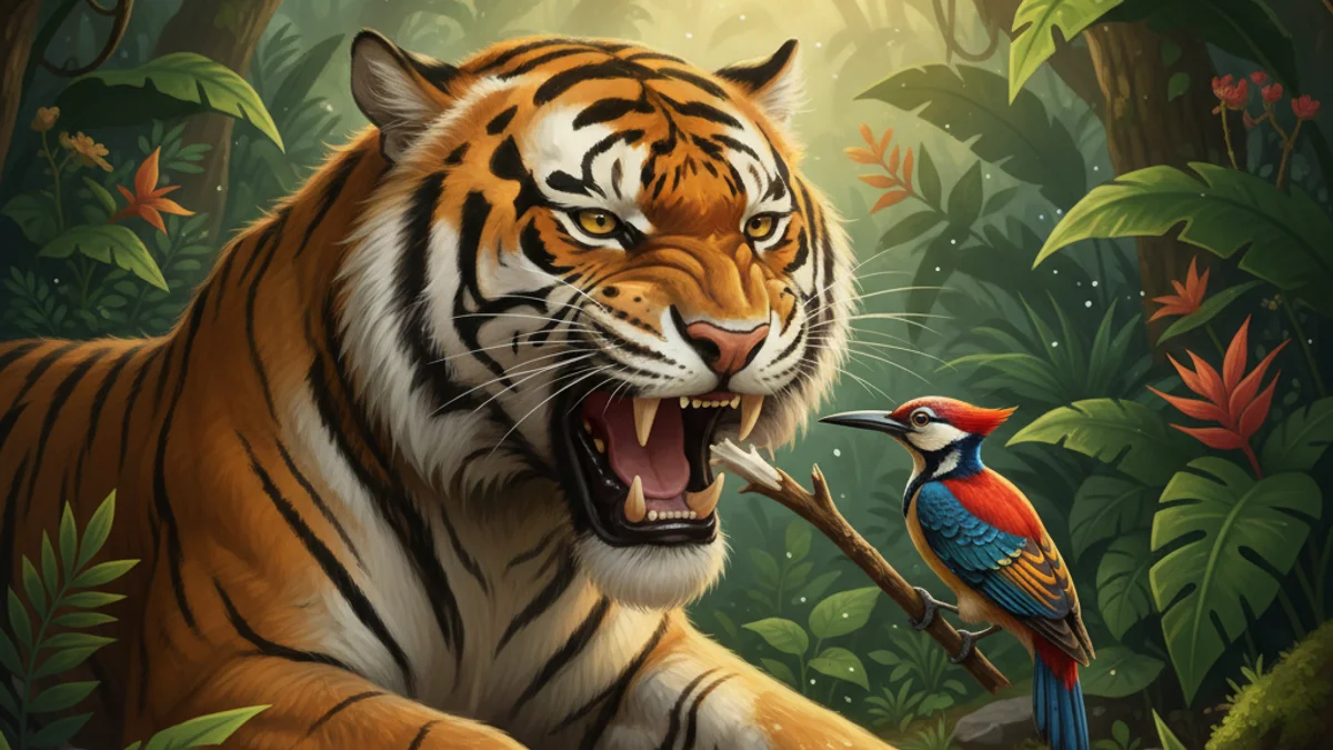 Illustration for The Tiger and the Woodpecker - a animal stories with life lessons Panchatantra story with moral lessons