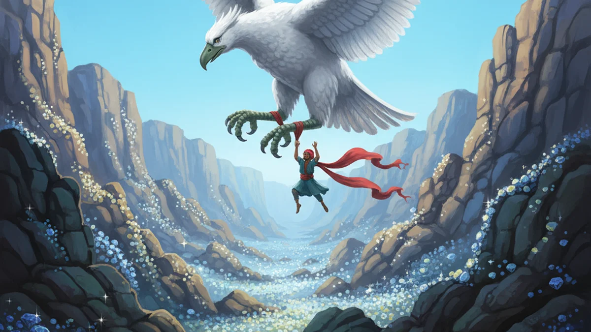 The Valley of Diamonds - Sinbad the Sailor story illustration from Arabian Nights