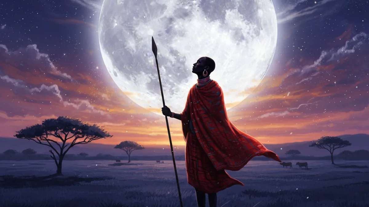 The Warrior and the Moon - Maasai Tales story illustration from East African Folklore