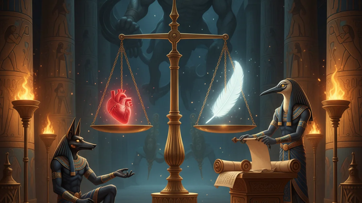 Illustration for The Weighing of the Heart - a tales of the afterlife Egyptian Mythology story with moral lessons