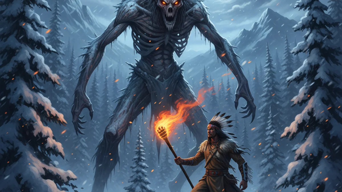 Illustration for The Windigo - a tribal tales of heroism Native American Legends story with moral lessons