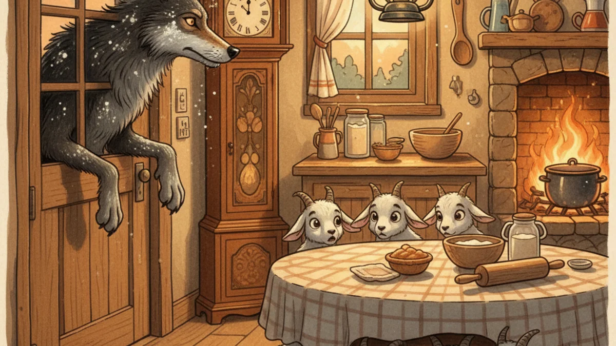 Illustration for The Wolf and the Seven Kids - a brothers grimm stories European Folklore story with moral lessons