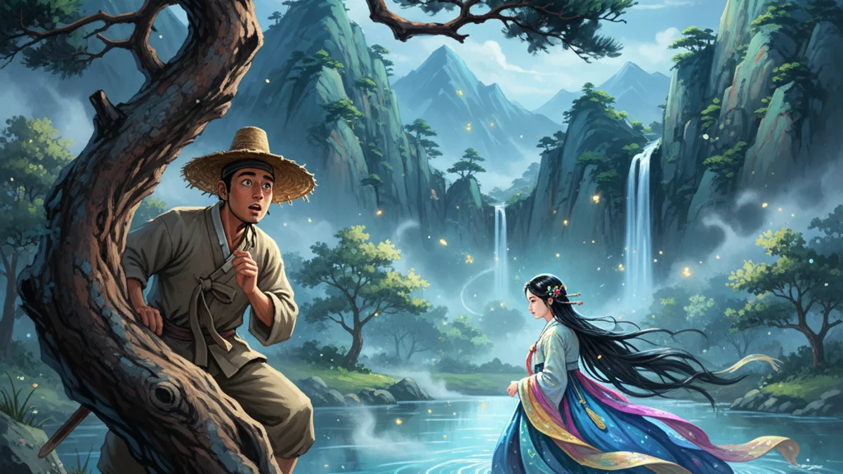 The Woodcutter and the Heavenly Maiden - Classic Folktales story illustration from Korean Mythology