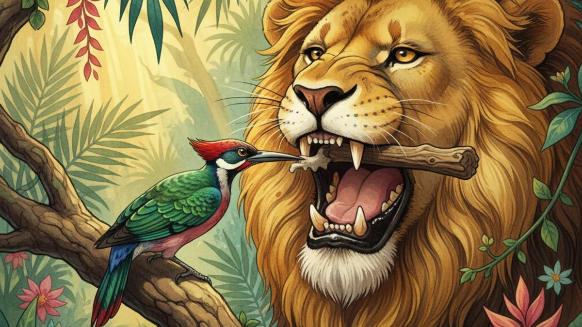 The Woodpecker's Kindness - Stories of Buddha's Past Lives story illustration from Buddhist Jataka Tales