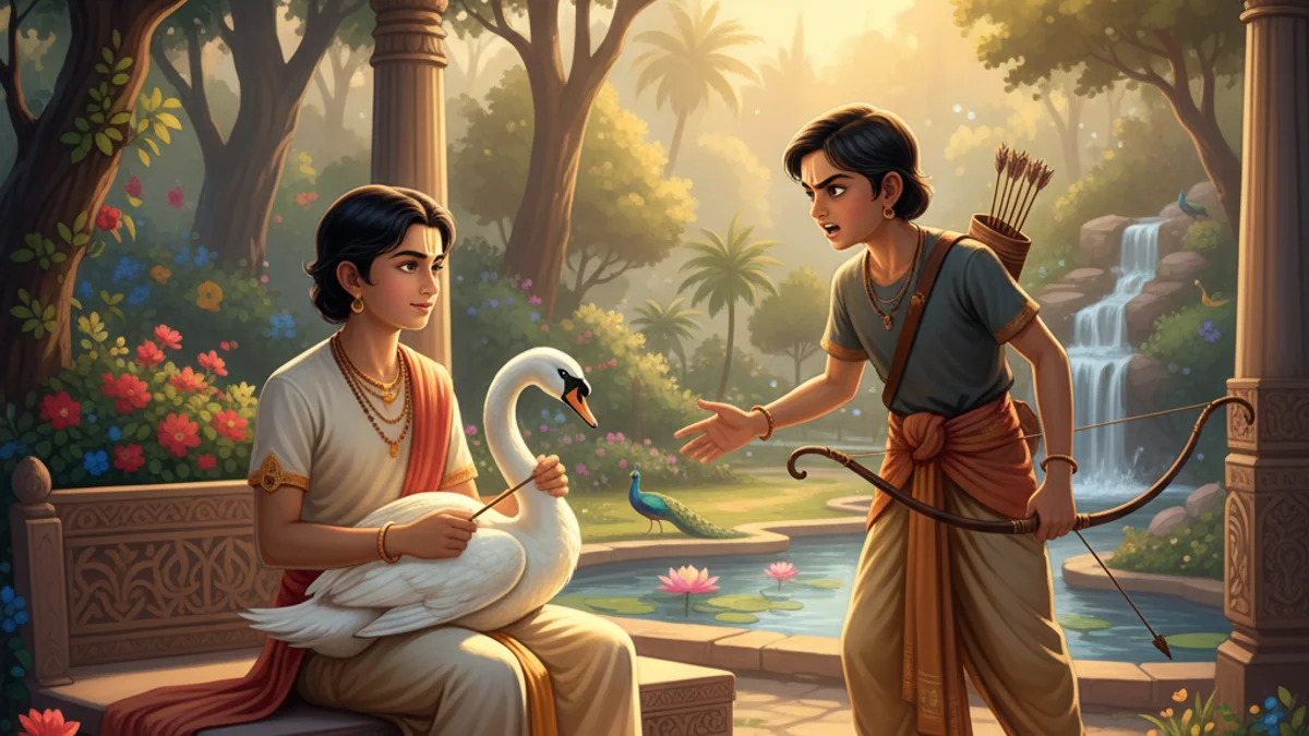 Illustration for The Wounded Swan - a tales of compassion and wisdom Buddhist Jataka Tales story with moral lessons