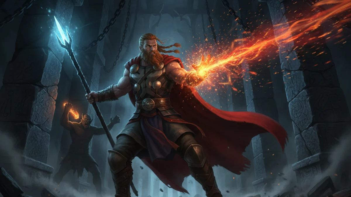 Thor and Geirrod - Aesir Gods story illustration from Norse Myths