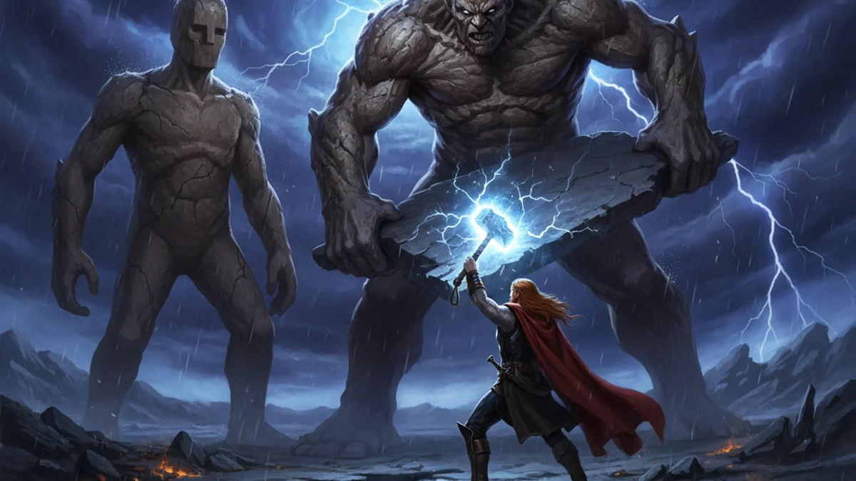 Thor and Hrungnir - Aesir Gods story illustration from Norse Myths