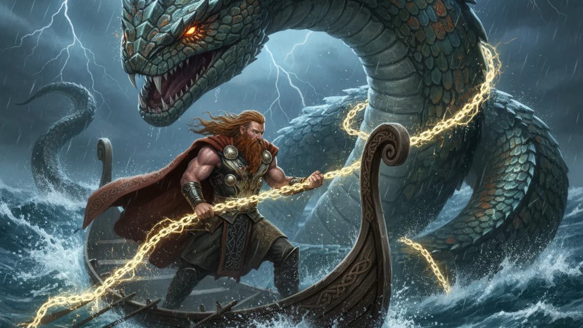 Thor and Jormungandr - Dragon Slayer Tales story illustration from Cross-Cultural Themes