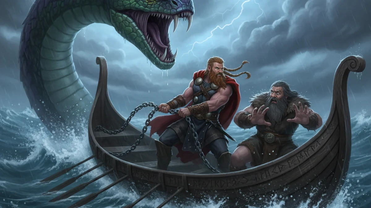 Illustration for Thor and the Midgard Serpent - a aesir gods Norse Myths story with moral lessons