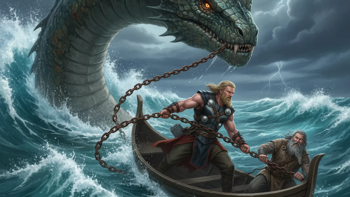 Illustration for Thor's Fishing Trip - a aesir gods Norse Myths story with moral lessons