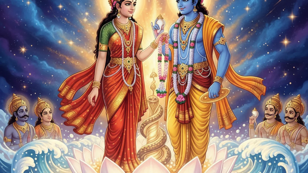 Illustration for Vishnu and Lakshmi - a stories of vishnu and shiva Hindu Puranas story with moral lessons