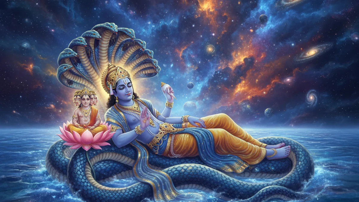 Illustration for Vishnu Dreams the Universe - a creation and cosmology Hindu Puranas story with moral lessons