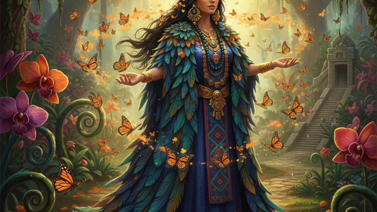 Xochiquetzal Goddess of Beauty - Aztec Gods story illustration from Mayan and Aztec Mythology
