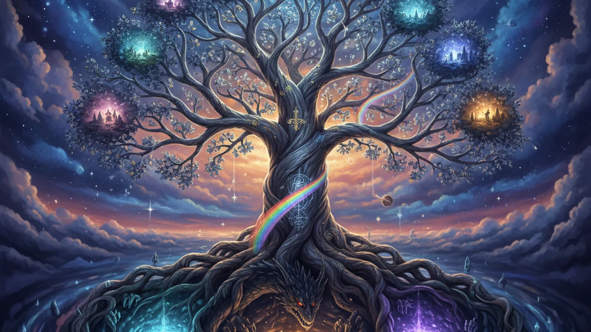 Illustration for Yggdrasil the World Tree - a mythical beings Norse Myths story with moral lessons