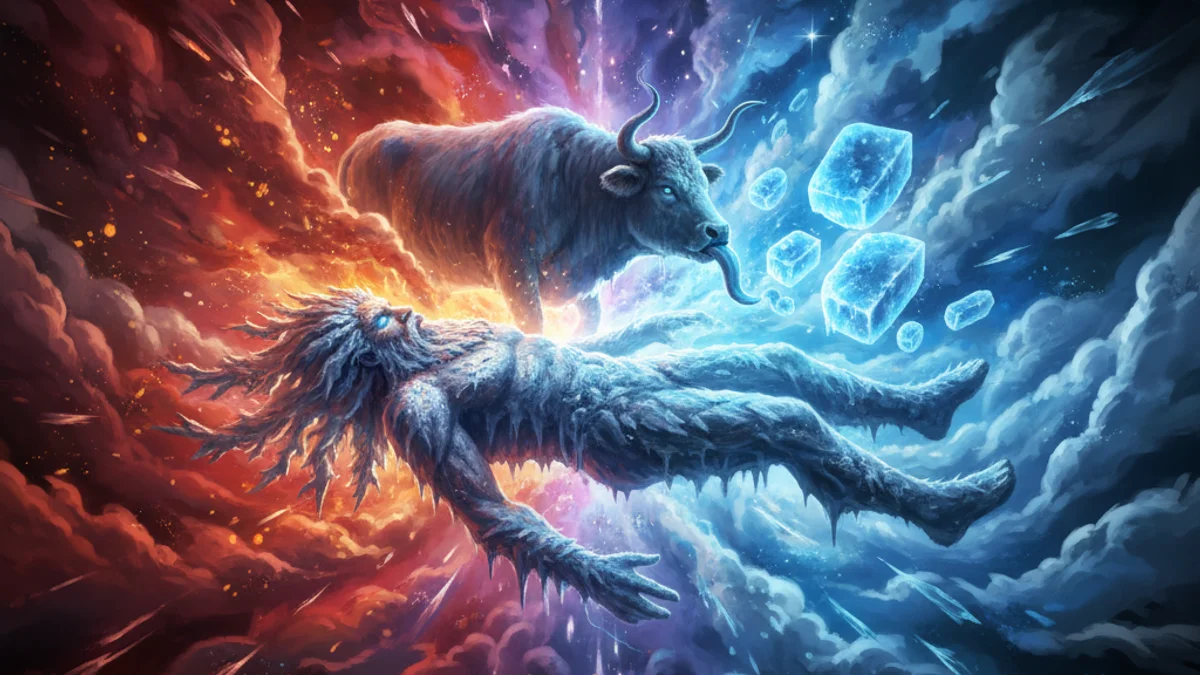 Illustration for Ymir the First Giant - a mythical beings Norse Myths story with moral lessons