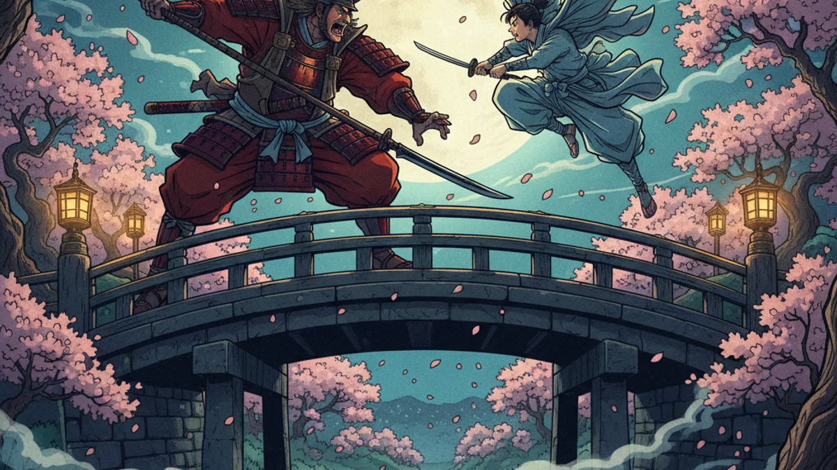 Yoshitsune and Benkei - Samurai Heroism story illustration from Japanese Samurai Legends