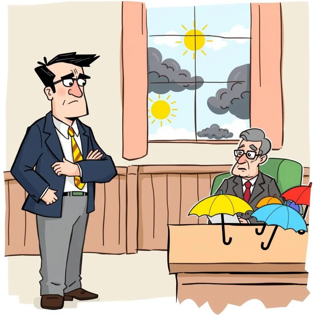 A Forfeited Right - Aesop's Fable illustration featuring Chief of the Weather Bureau and Thrifty Person