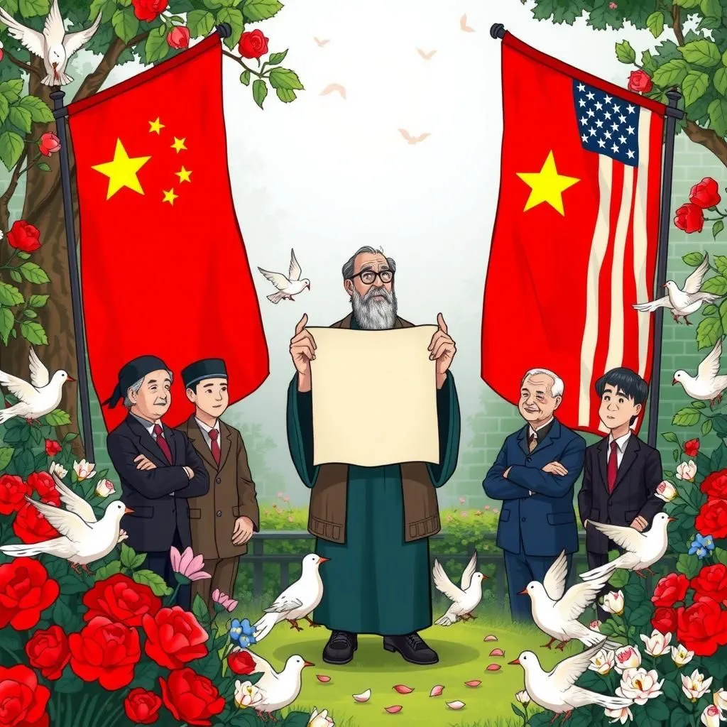 A Treaty of Peace - Aesop's Fable illustration featuring Philosopher and China