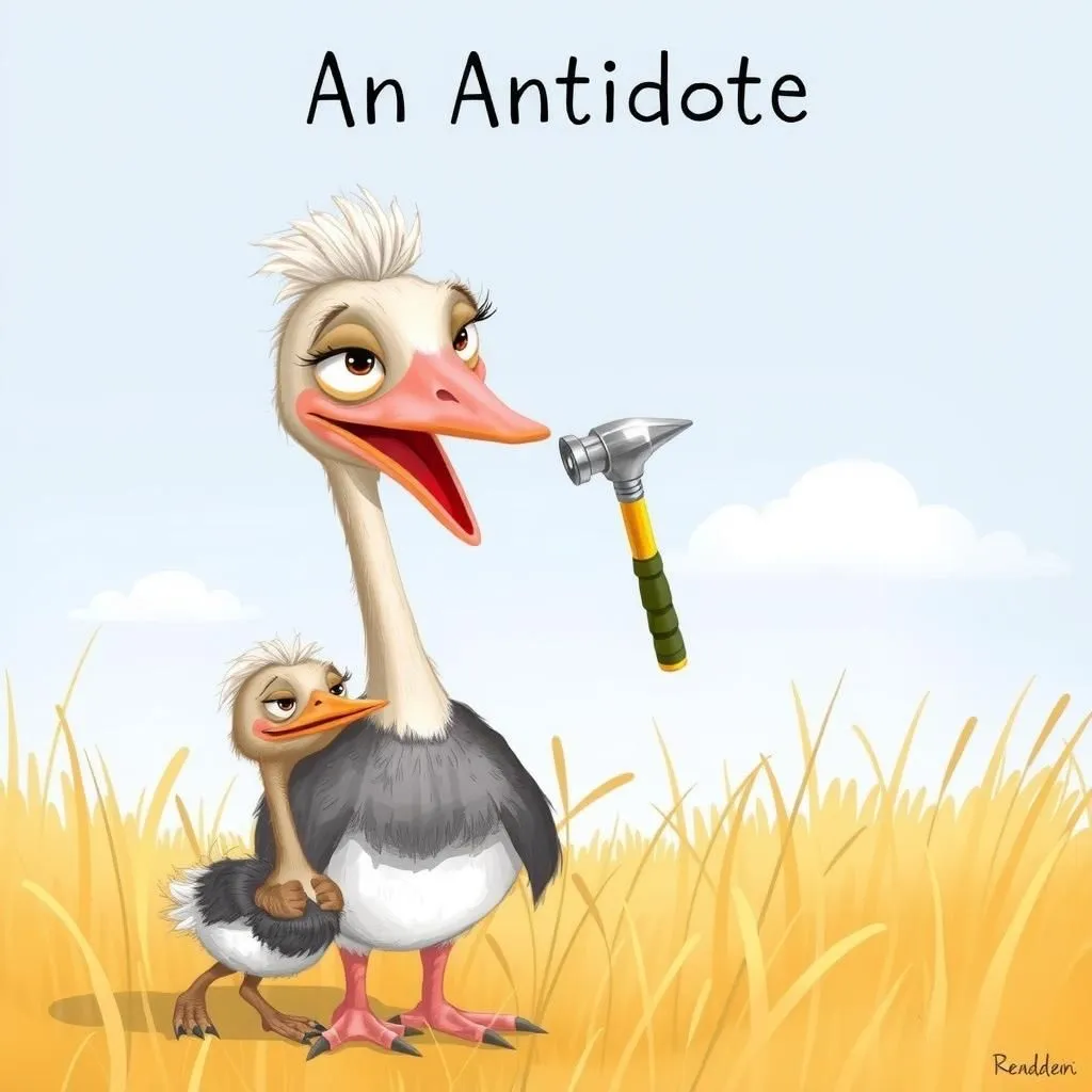 An Antidote - Aesop's Fable illustration featuring Young Ostrich and Mother Ostrich