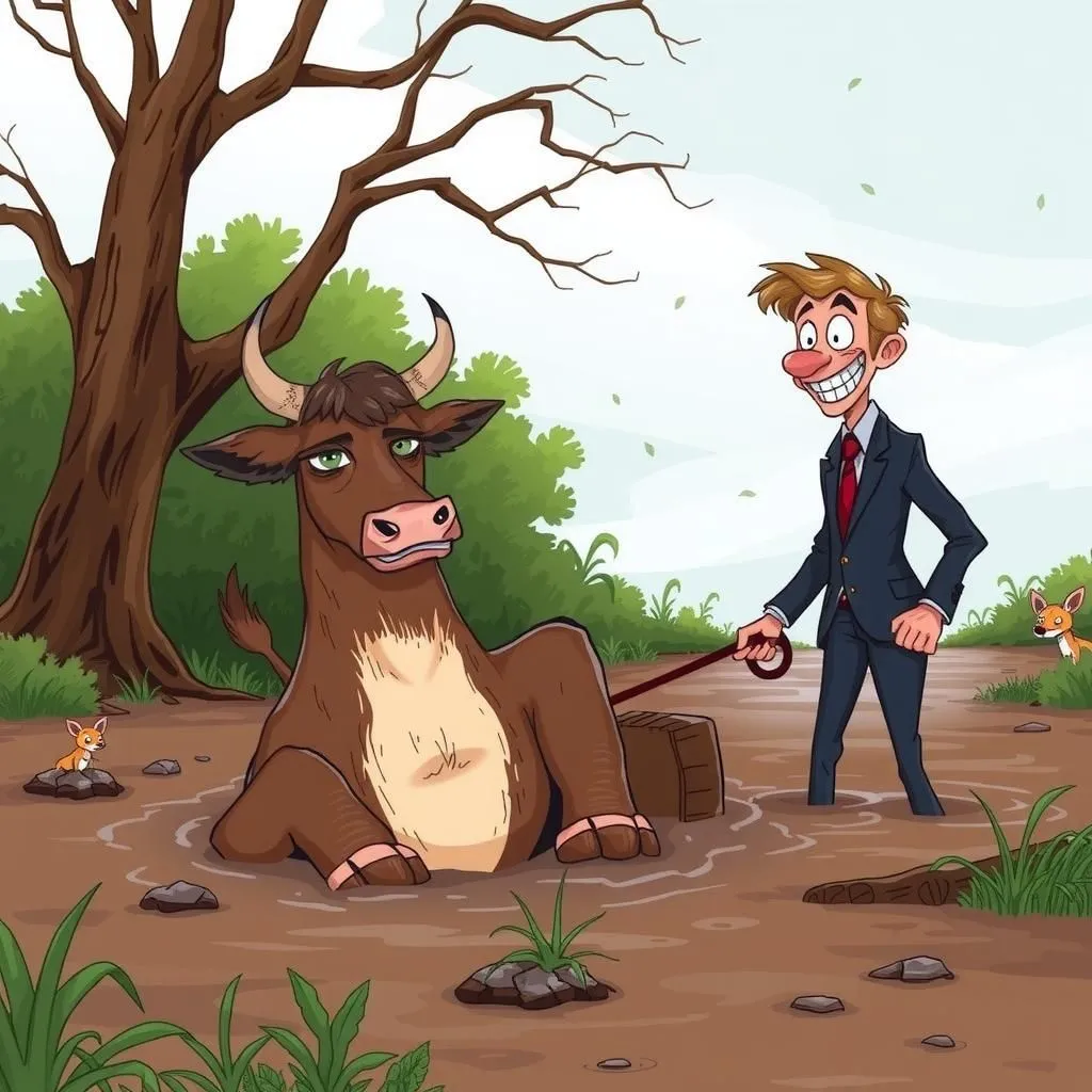 Isang Hindi Sapat na Bayad. - Aesop's Fable illustration featuring Baka and Lakas-Pampulitika.