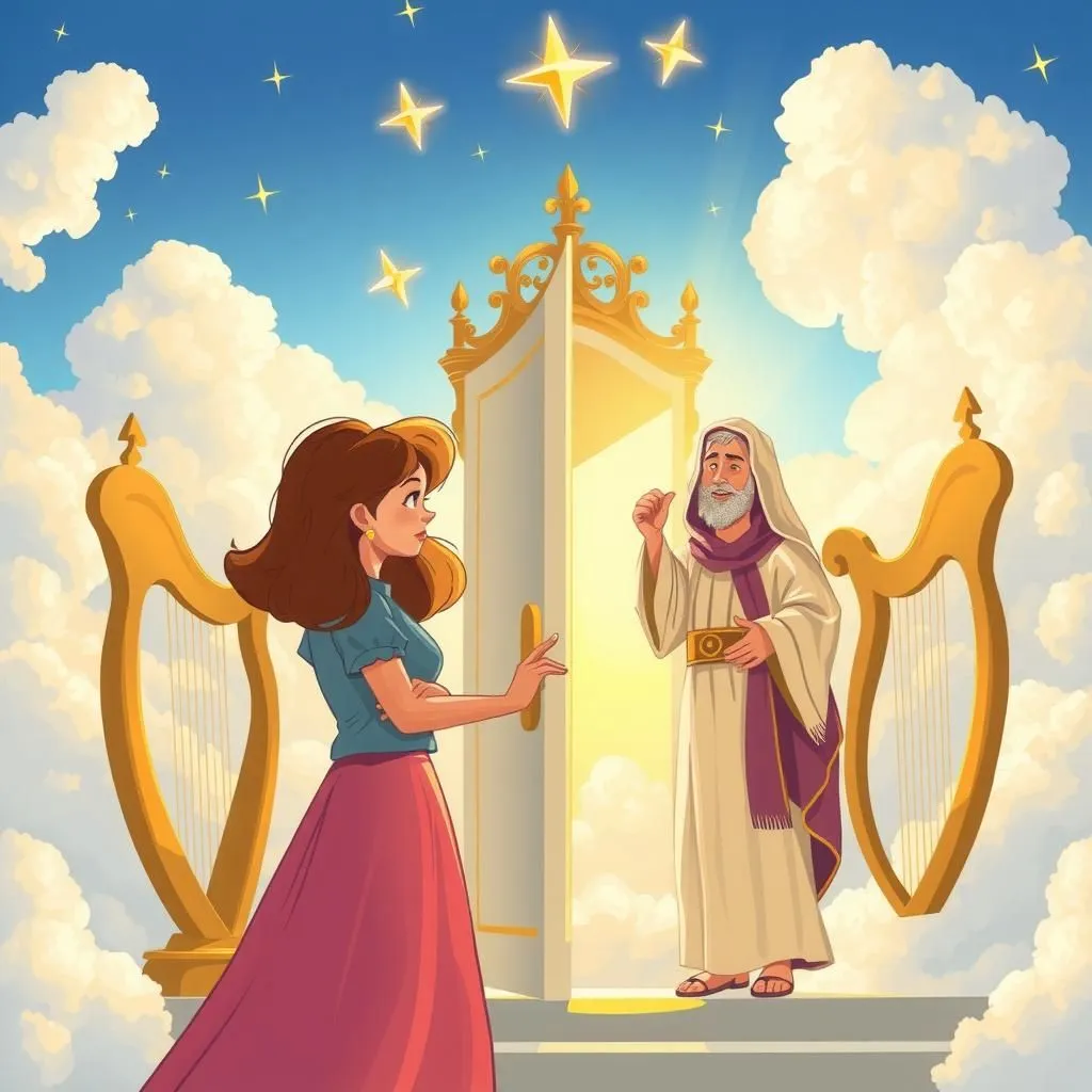 Alla Porta del Cielo - Aesop's Fable illustration featuring Donna and San Pietro