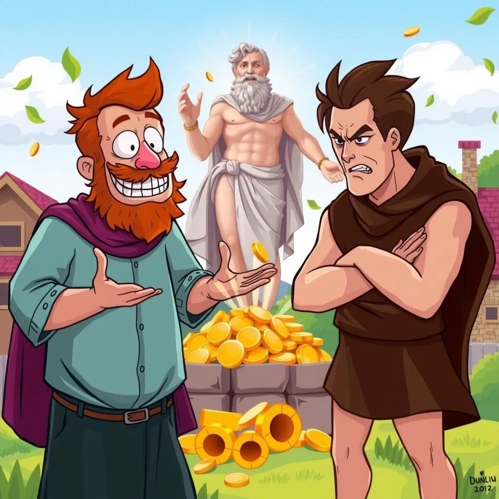 Avaro e Invidioso - Aesop's Fable illustration featuring Giove and Uomo avaro