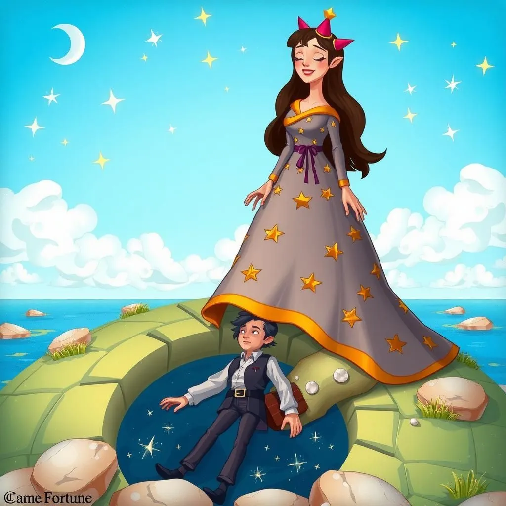 Dame Fortune and the Traveller - Aesop's Fable illustration featuring Dame Fortune and Traveller