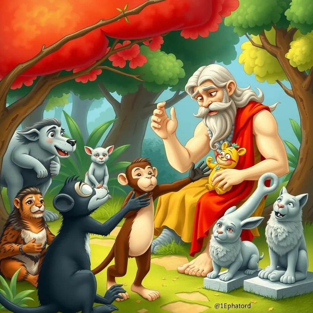 Jupiter and the Baby Show - Aesop's Fable illustration featuring Jupiter and Monkey