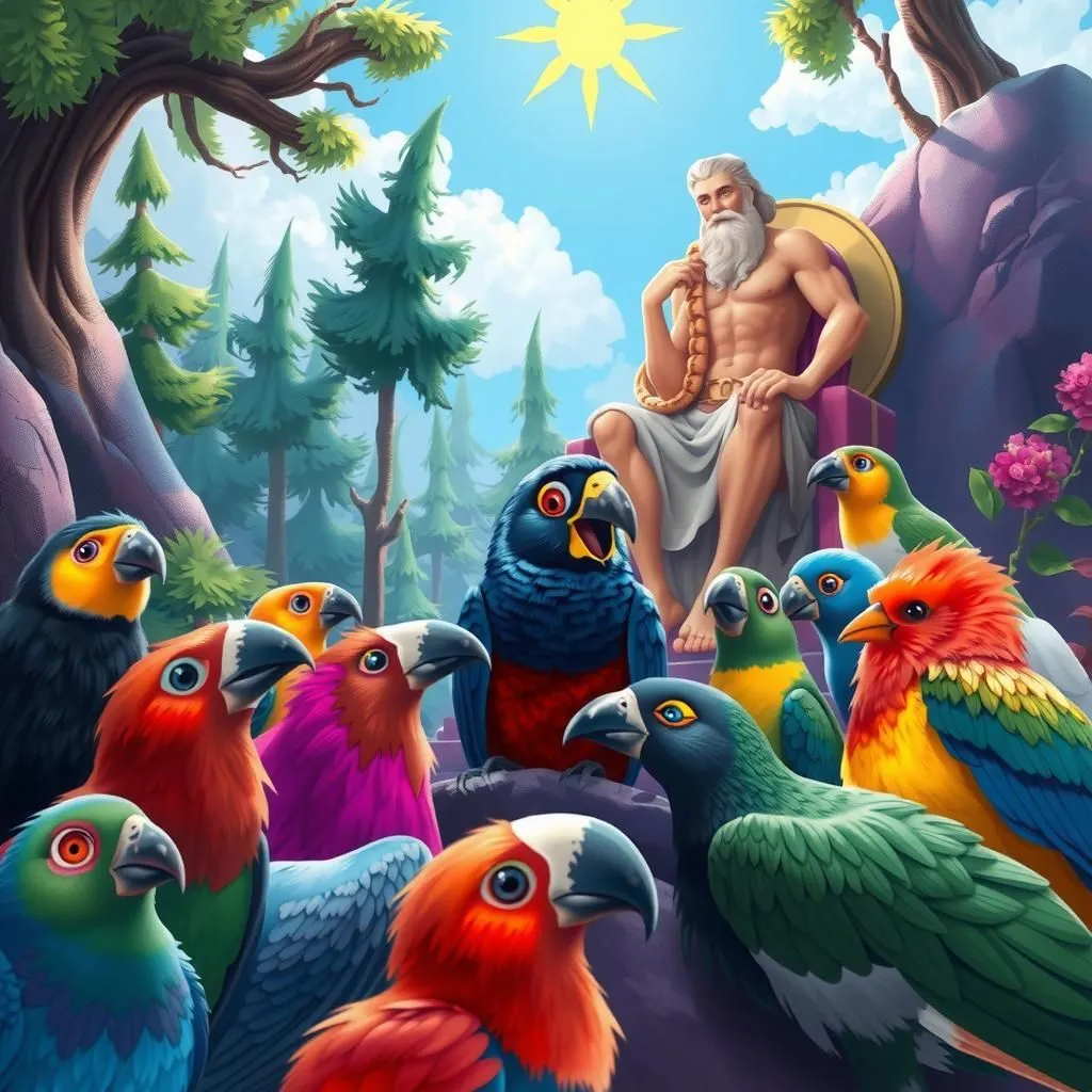 Giove e gli Uccelli - Aesop's Fable illustration featuring Giove and taccola