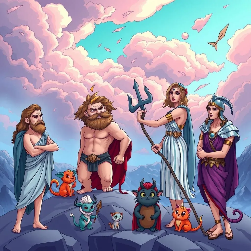 Jupiter Neptune Minerva at Momus - Aesop's Fable illustration featuring Jupiter and Neptune