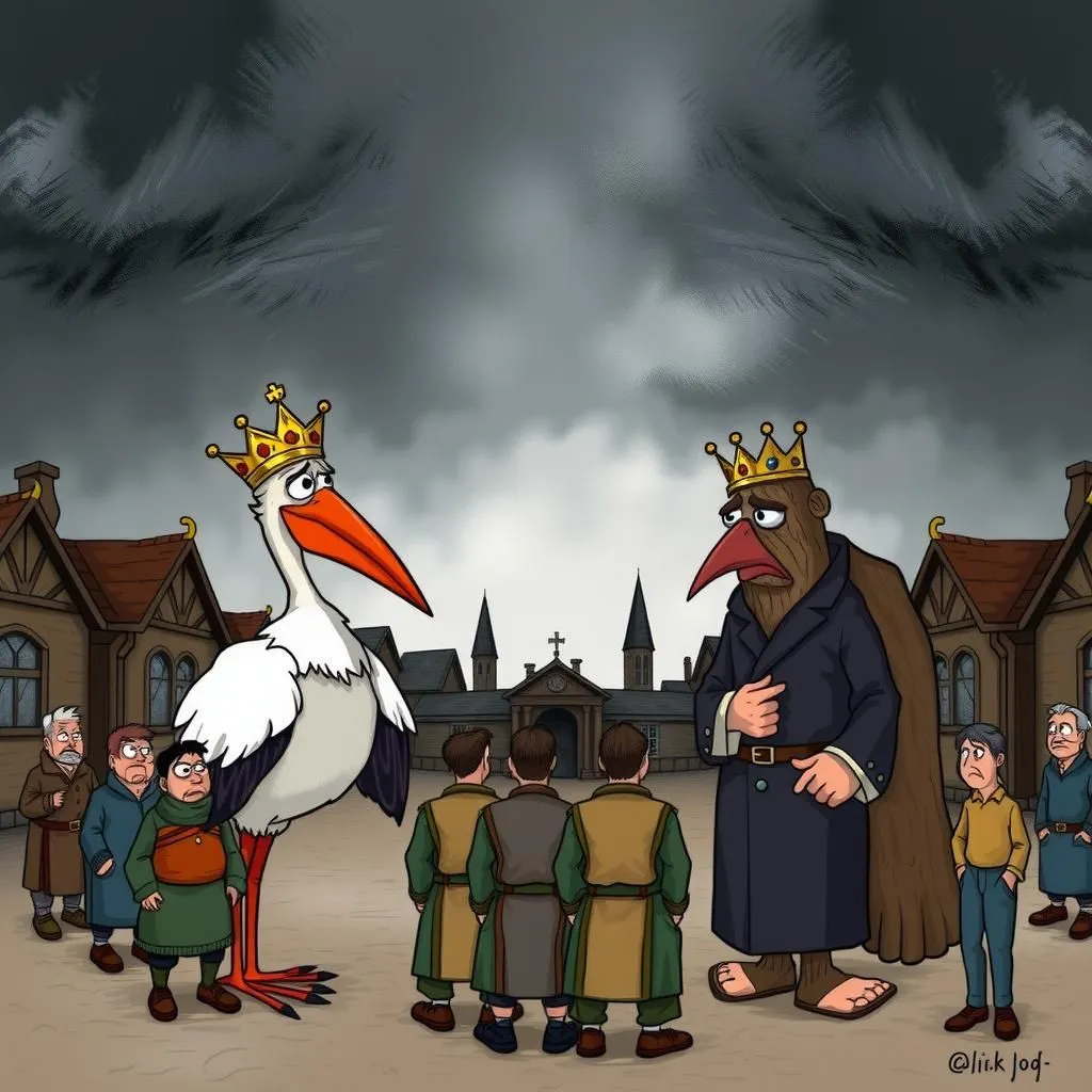 King Log and King Stork - Aesop's Fable illustration featuring King Log and King Stork