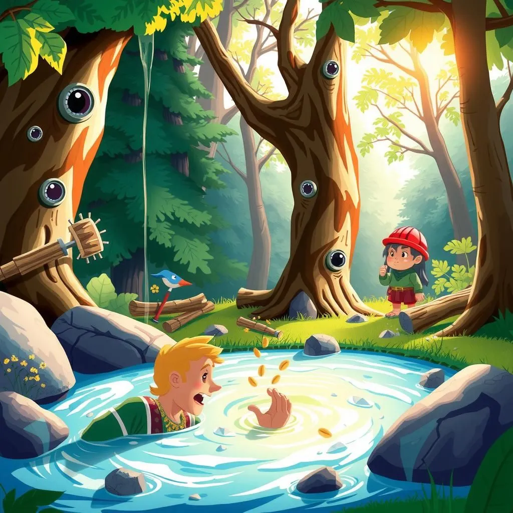 Merkuryo at ang Magtotroso. - Aesop's Fable illustration about kabutihan, mga bunga ng mga gawa, banal na pagkilos