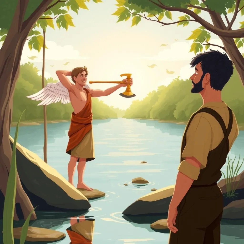 పాదరసం మరియు కార్మికులు. - Aesop's Fable illustration featuring వర్క్మన్ and మెర్క్యురీ