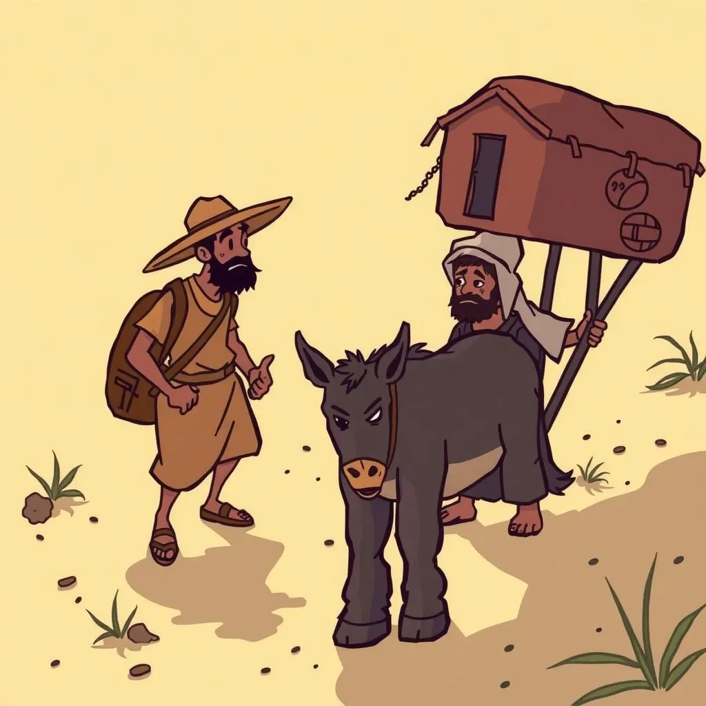 Осел і його тінь - Aesop's Fable illustration featuring Мандрівник and Осел