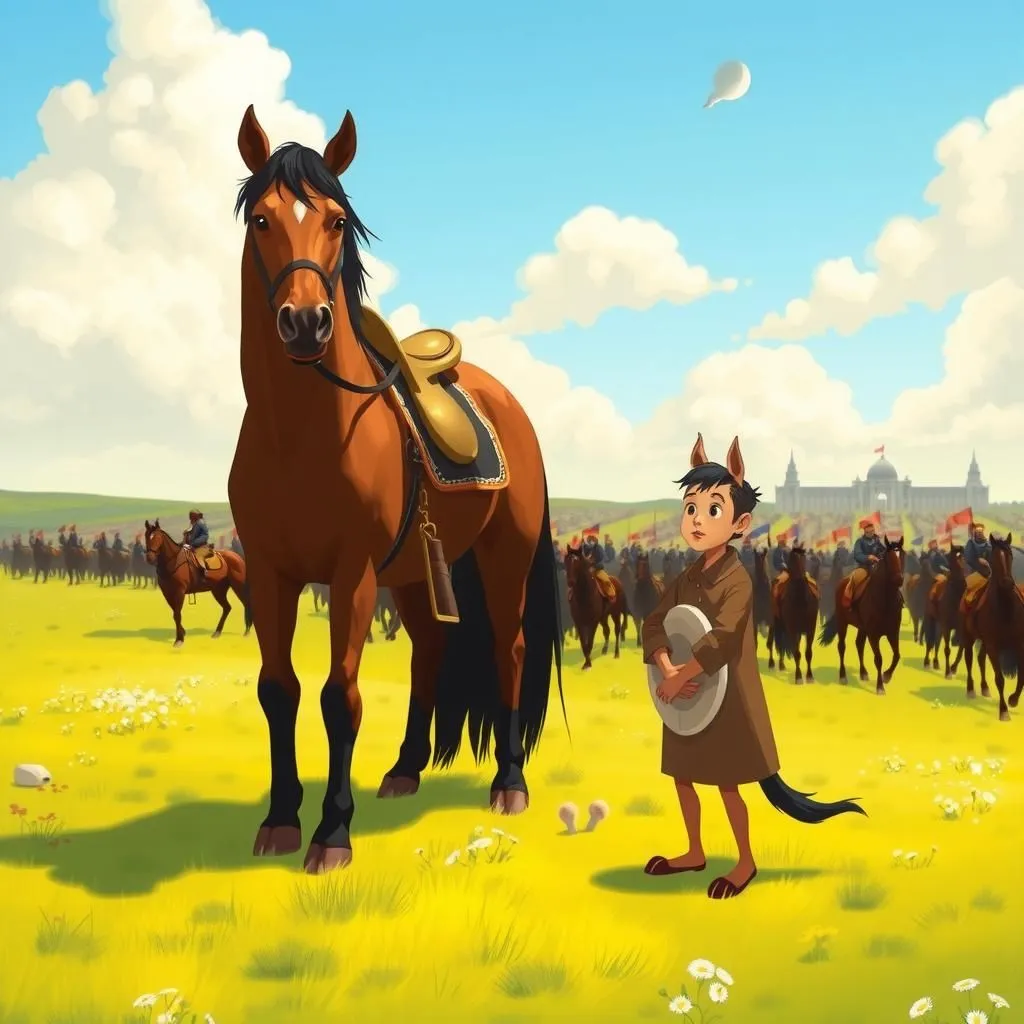 Ang Asno at ang Kabayong Pandigma. - Aesop's Fable illustration featuring Asno and Kabayo