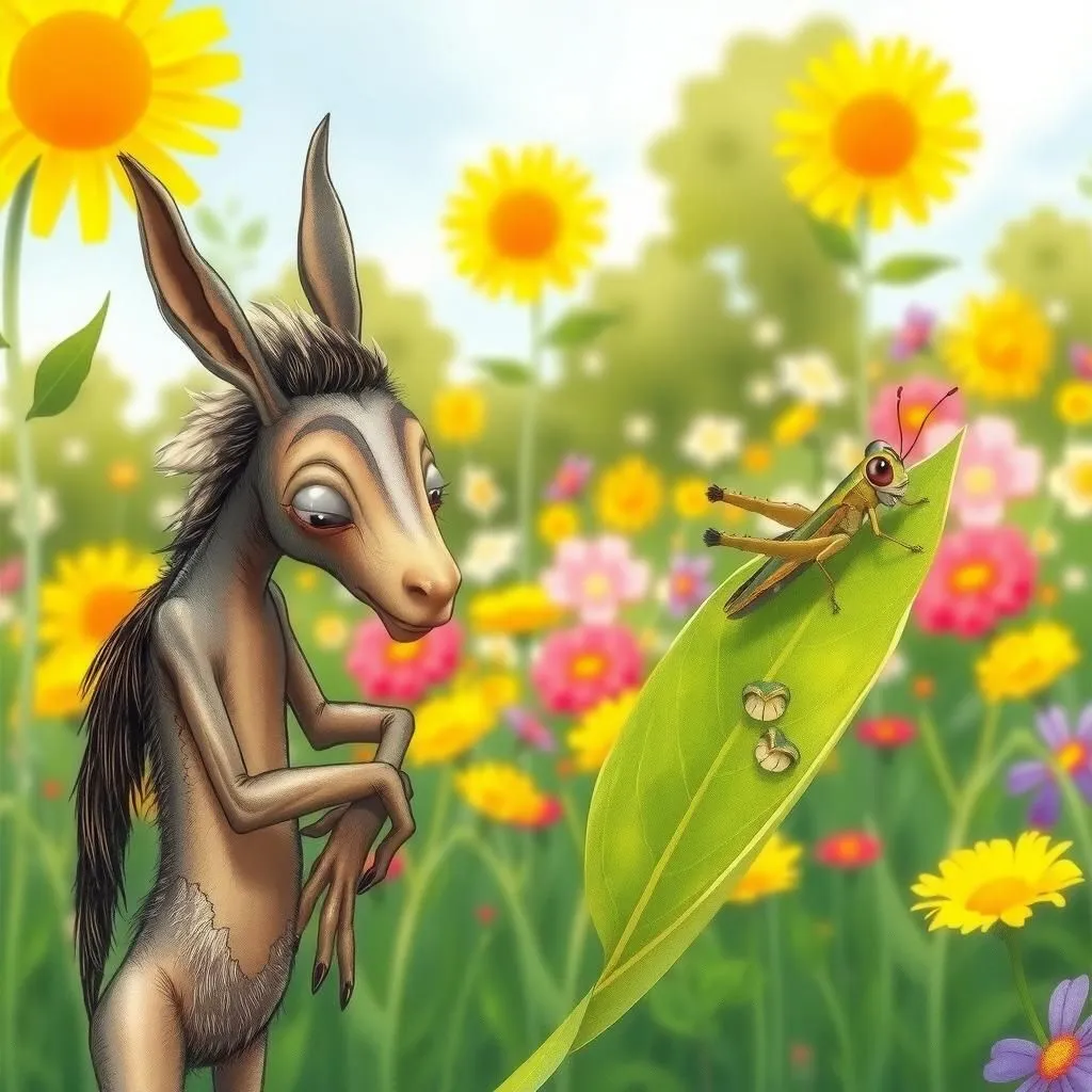 గాడిద మరియు మిడత. - Aesop's Fable illustration featuring గాడిద and మిడత.